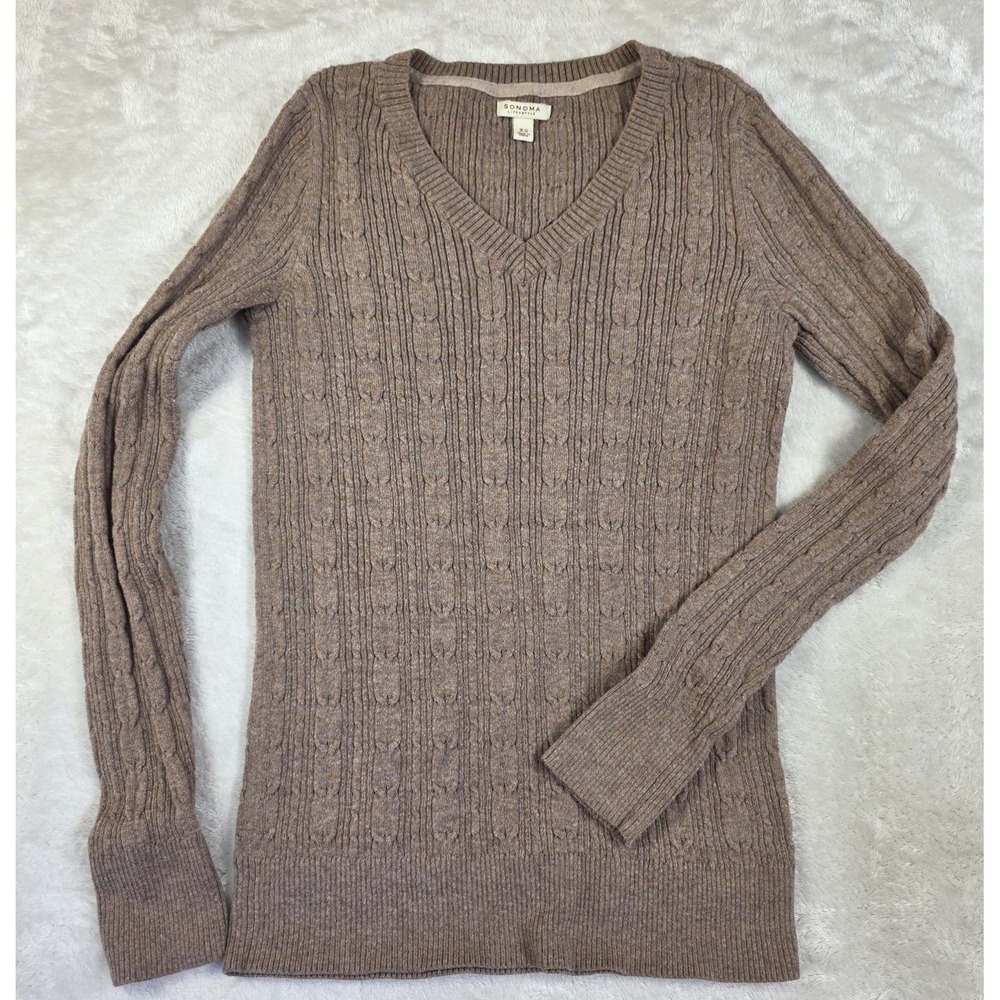 Sonoma Brown Cable Knit Pullover Sweater V-Neck Women XS Y2K Style RN73277